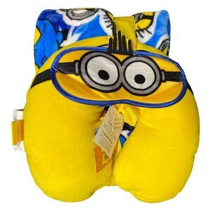 Minions - Licensed 3-Piece Kids Character Travel Set, with Neck Pillow, Throw, &